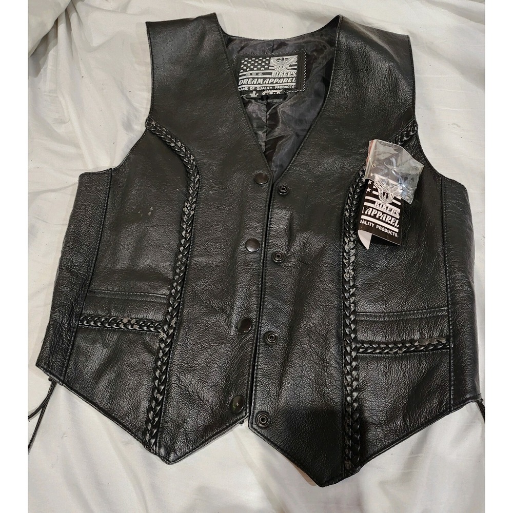 NWT USA Bikers Dream Apparel Women's Black Leather Vest Sm Straps Braided Grunge